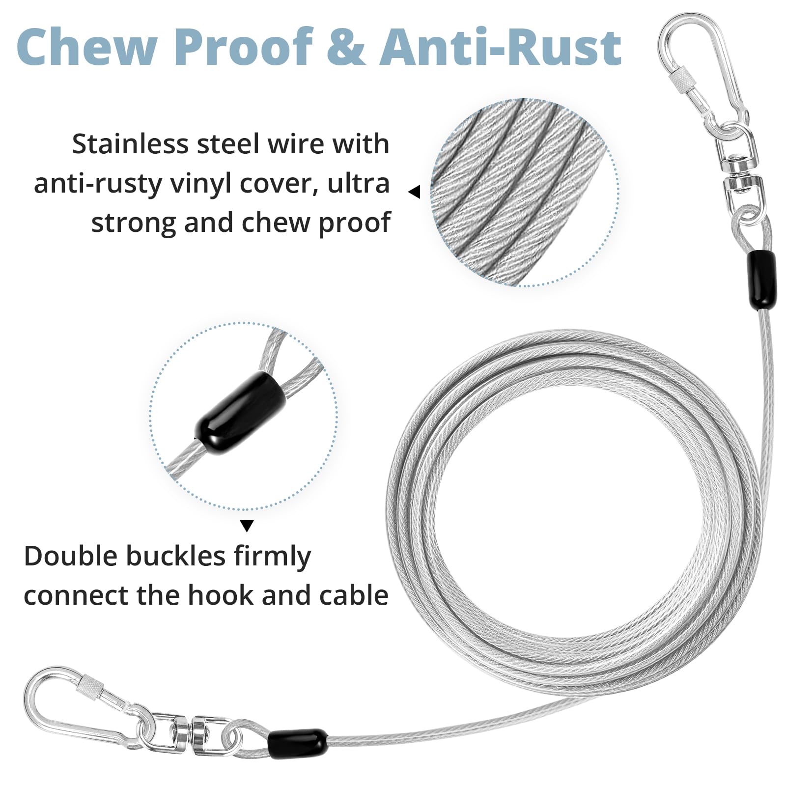 Jenico Dog Tie Out Cable: 20 Ft Dog Lead For Yard - Heavy Duty Chain Leash Outside For Small Large Dogs Up To 500 Lbs - Outdoor